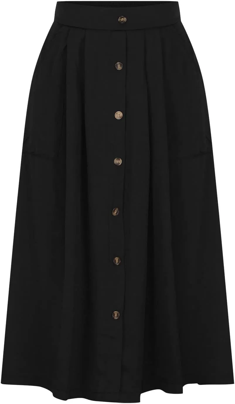 HGps8w Women's Button Front Midi Flare Skirt Casual Elastic High Waist Summer Solid A-Line Swing Skirts with Pockets