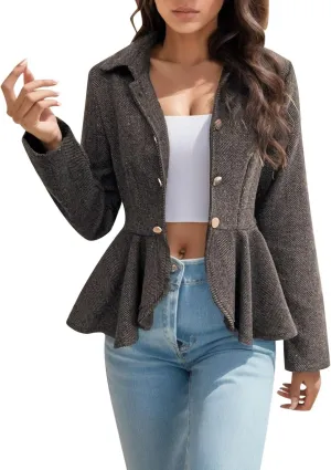 HGps8w Women's Dressy Casual Peplum Ruffle Hem Blazers Elegant Slim Fit Lapel Long Sleeve Work Office Suit Jackets