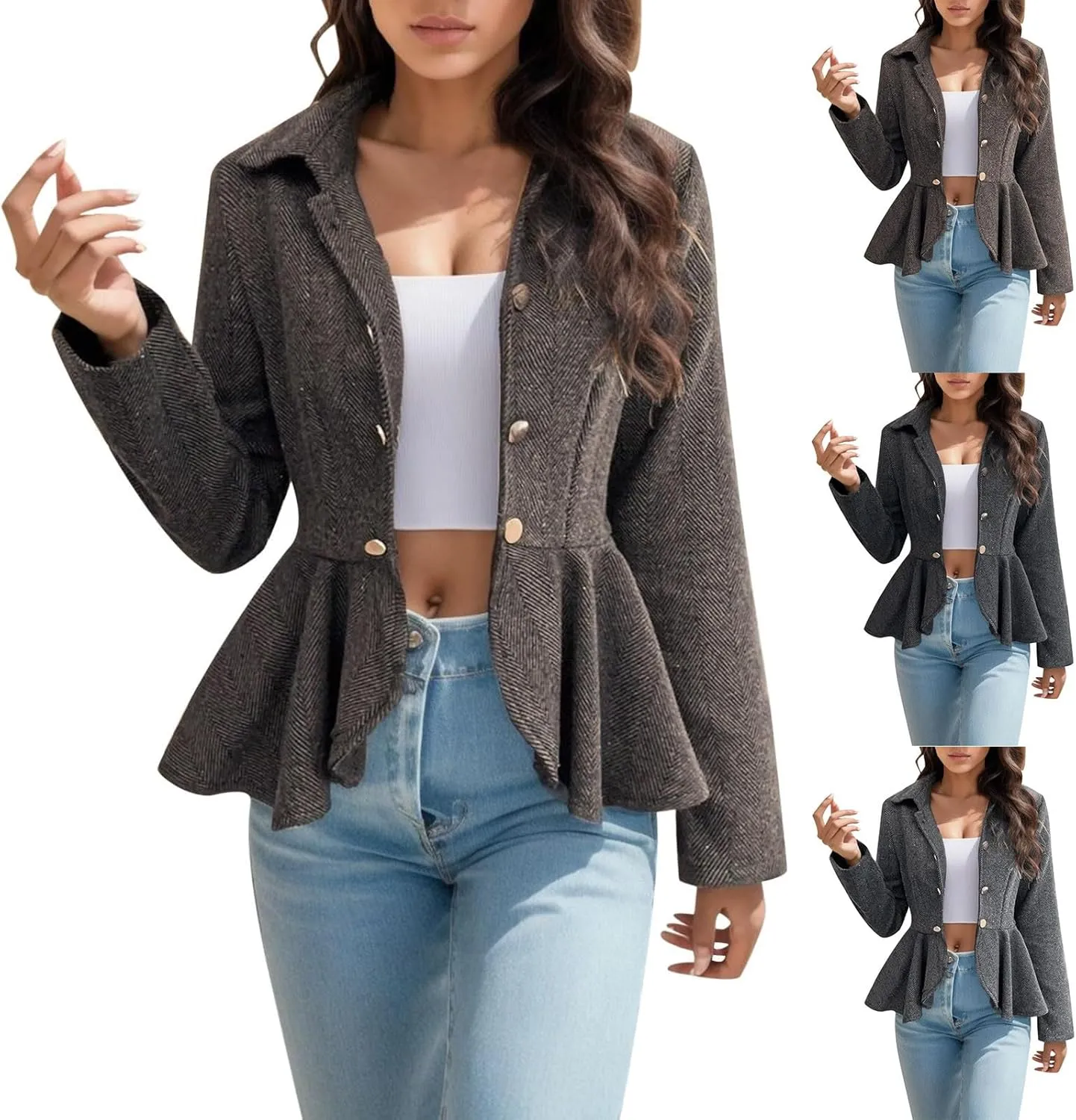 HGps8w Women's Dressy Casual Peplum Ruffle Hem Blazers Elegant Slim Fit Lapel Long Sleeve Work Office Suit Jackets
