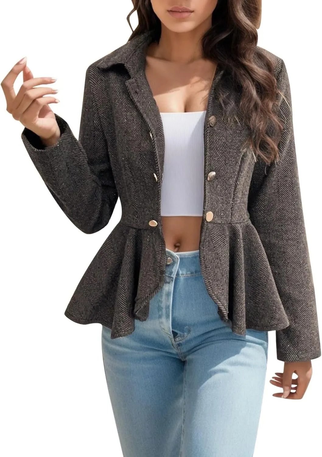 HGps8w Women's Dressy Casual Peplum Ruffle Hem Blazers Elegant Slim Fit Lapel Long Sleeve Work Office Suit Jackets