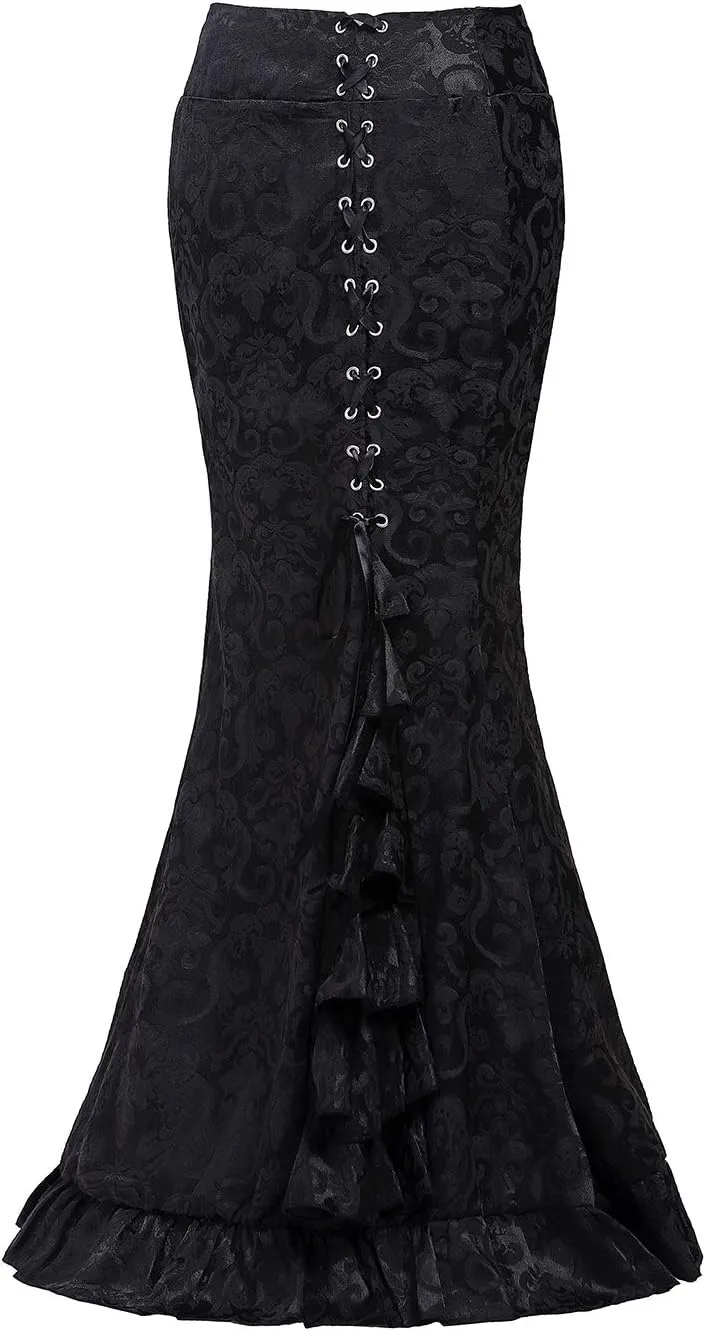 High Waist Vintage Bodycon Long Lace Mermaid Skirt Ruffled Steampunk Skirt Fishtail Evening Party Dress