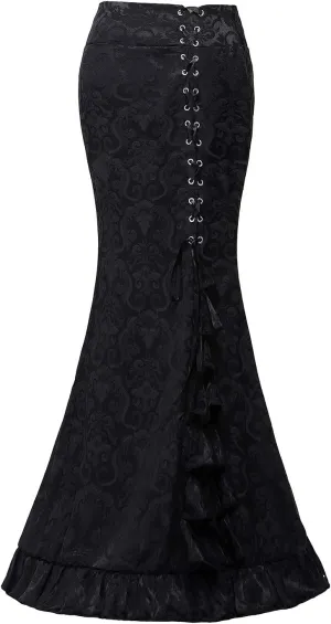 High Waist Vintage Bodycon Long Lace Mermaid Skirt Ruffled Steampunk Skirt Fishtail Evening Party Dress