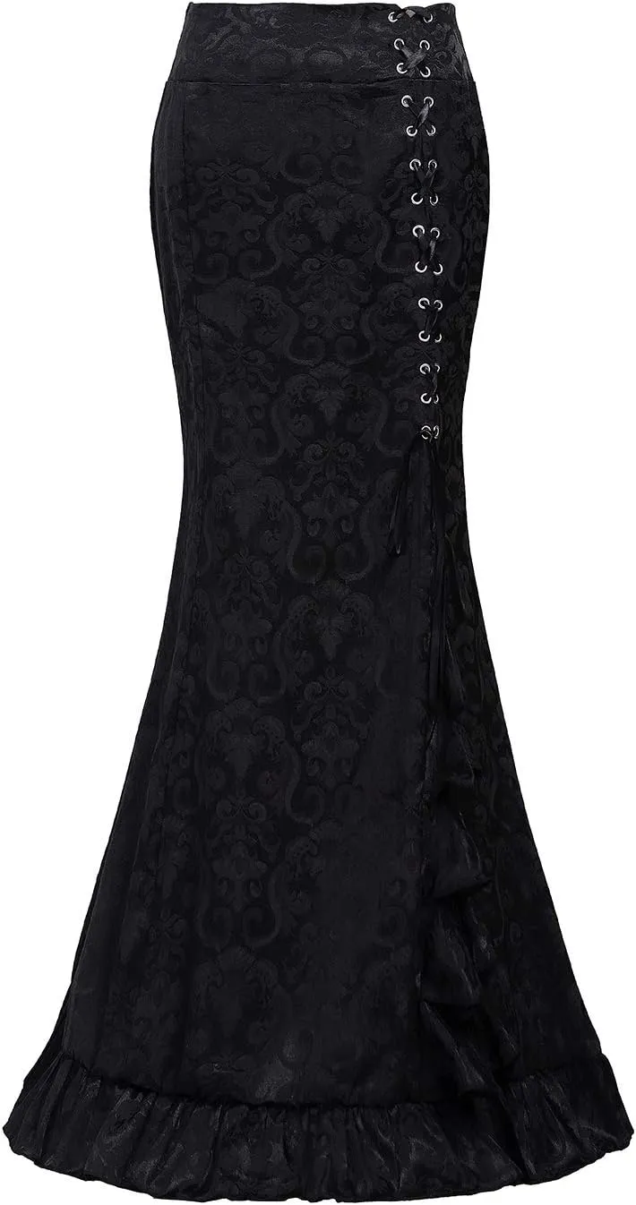 High Waist Vintage Bodycon Long Lace Mermaid Skirt Ruffled Steampunk Skirt Fishtail Evening Party Dress