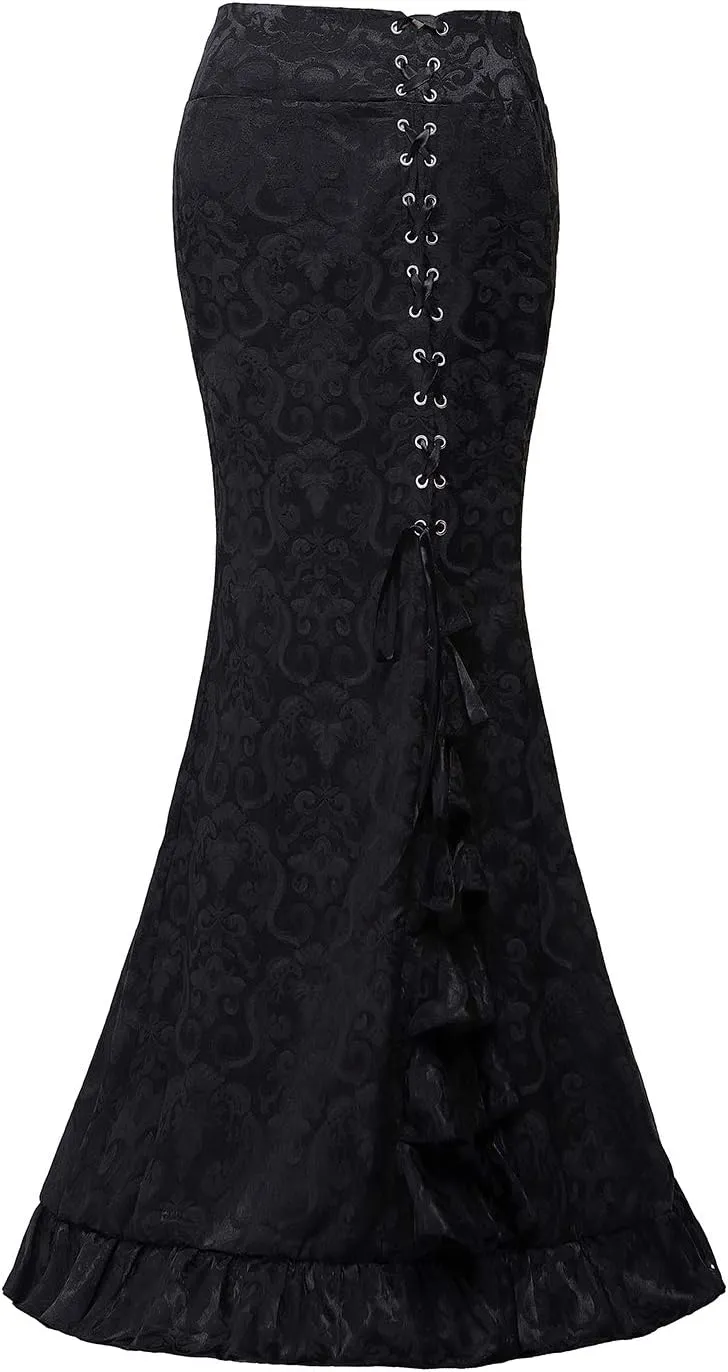 High Waist Vintage Bodycon Long Lace Mermaid Skirt Ruffled Steampunk Skirt Fishtail Evening Party Dress