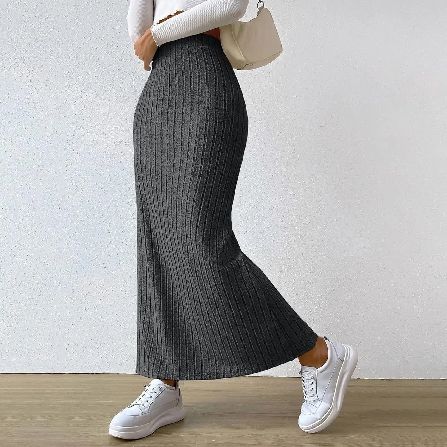 High Waisted Maxi Skirt Solid Color Long Women's High-waisted Knitted Slimming Commuting Style with Side Slit Elastic