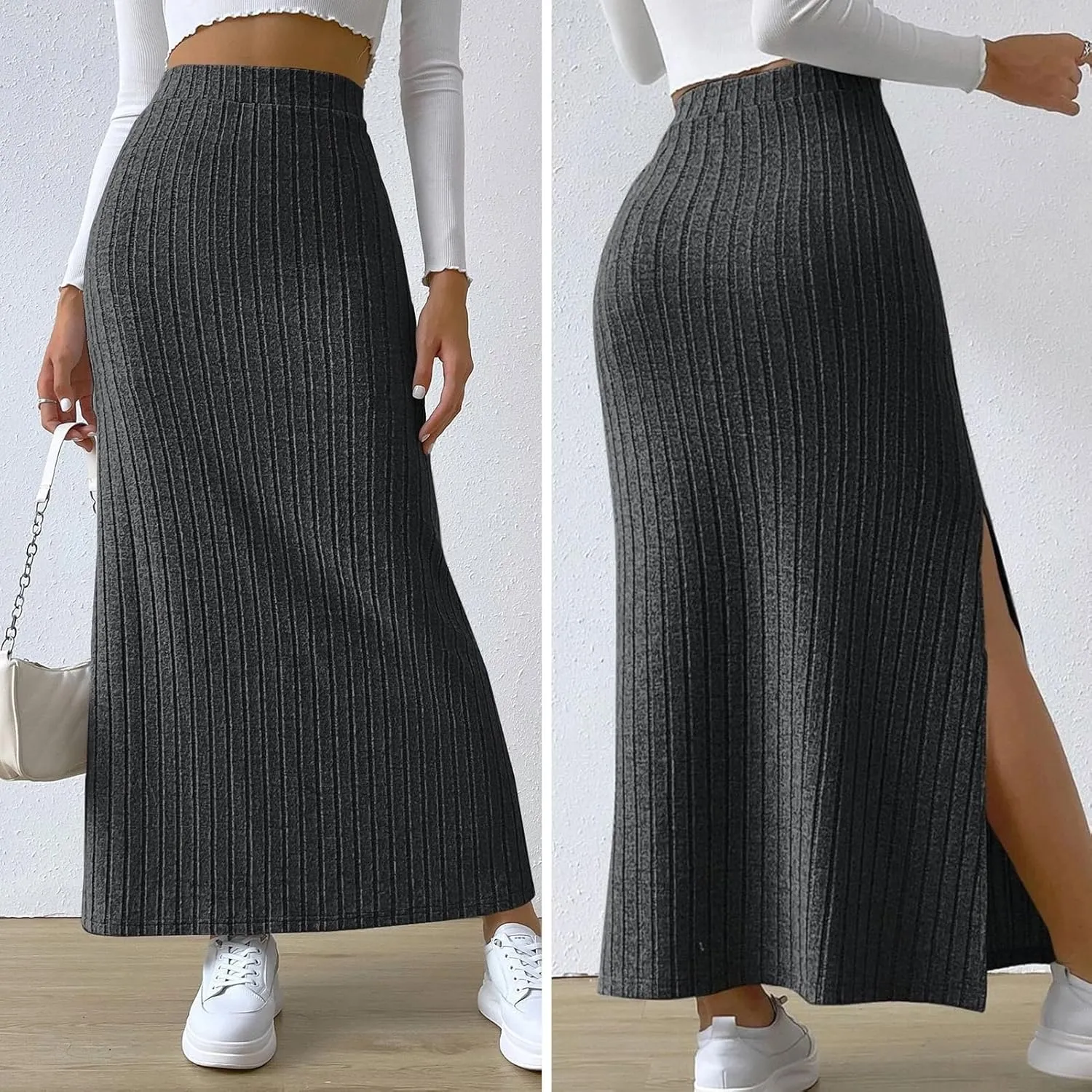 High Waisted Maxi Skirt Solid Color Long Women's High-waisted Knitted Slimming Commuting Style with Side Slit Elastic
