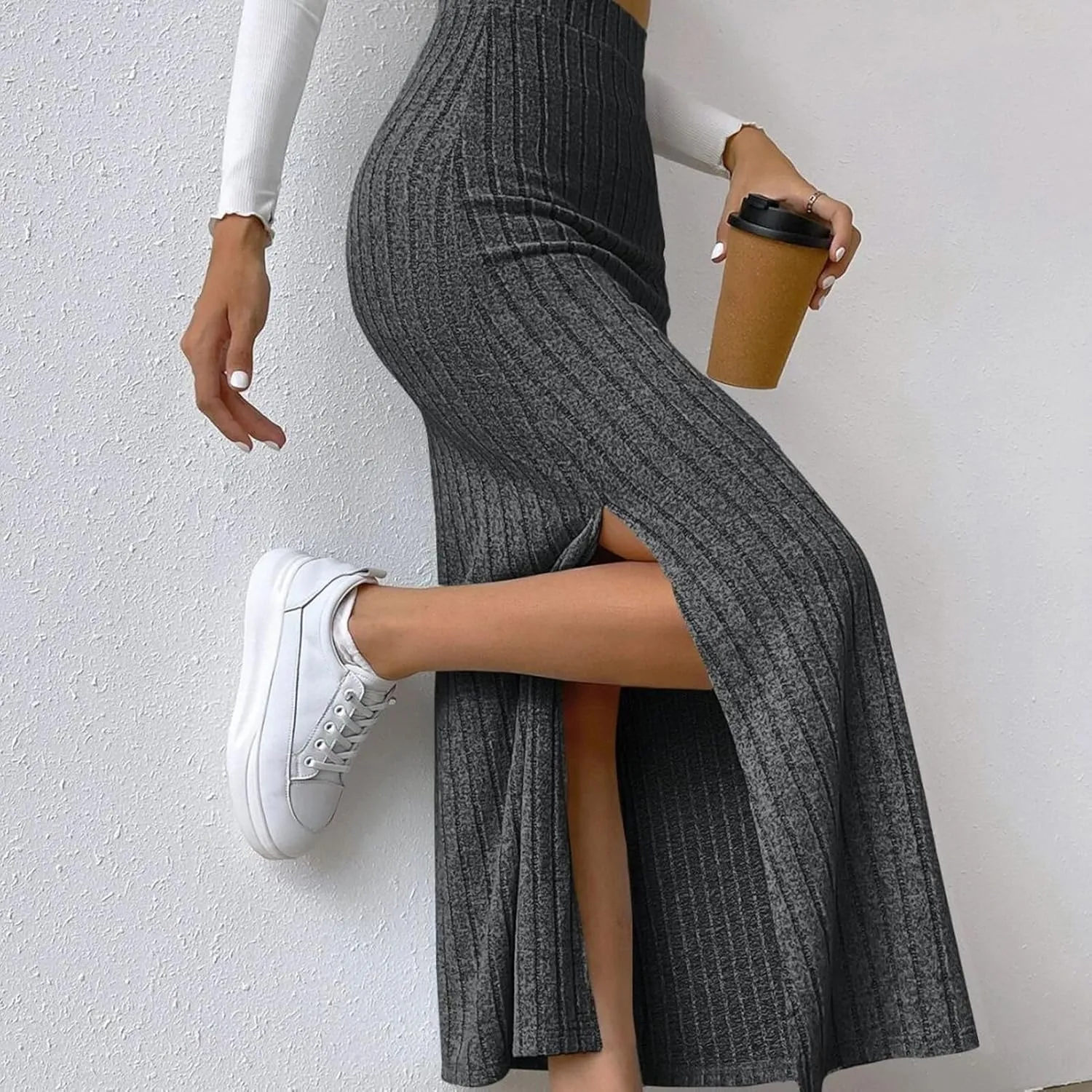 High Waisted Maxi Skirt Solid Color Long Women's High-waisted Knitted Slimming Commuting Style with Side Slit Elastic