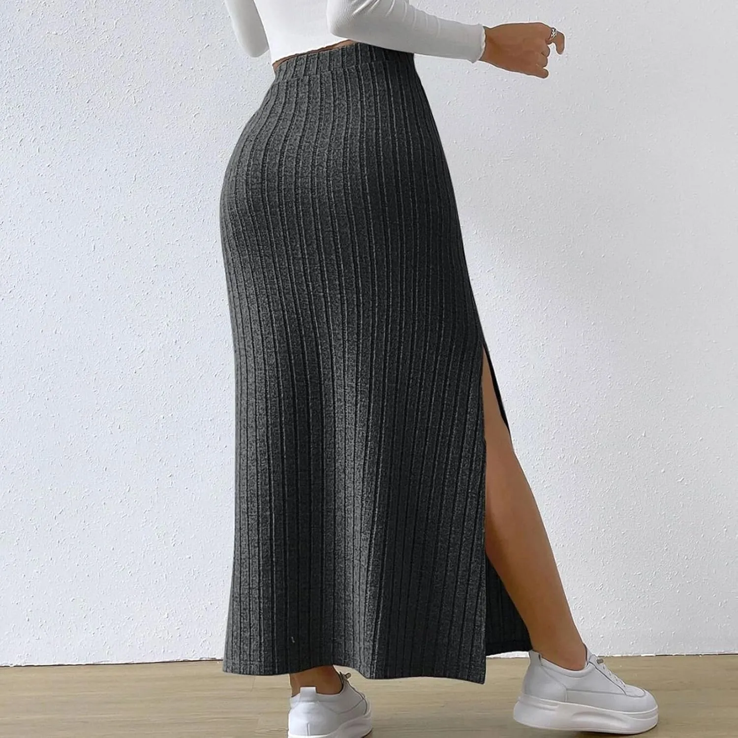 High Waisted Maxi Skirt Solid Color Long Women's High-waisted Knitted Slimming Commuting Style with Side Slit Elastic