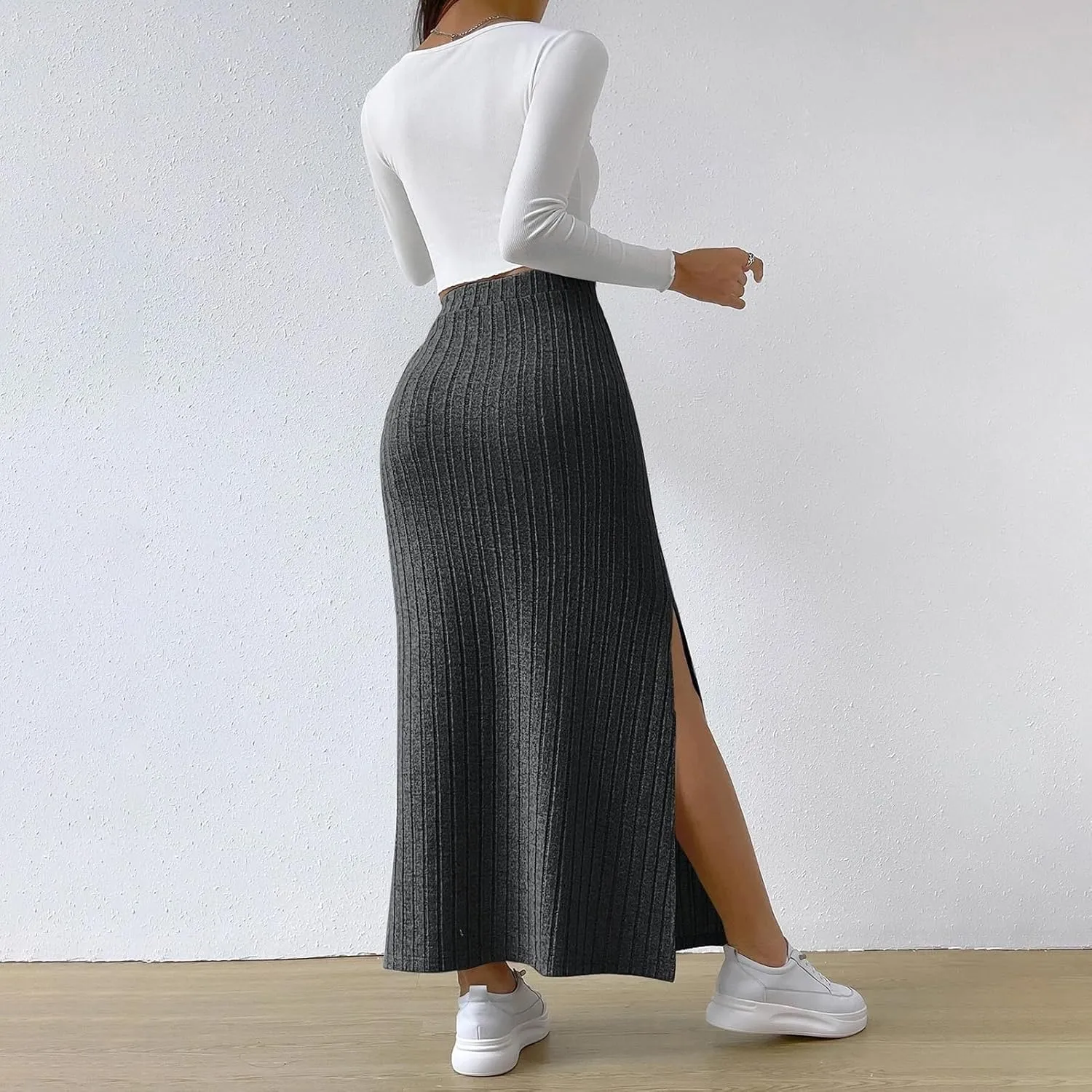 High Waisted Maxi Skirt Solid Color Long Women's High-waisted Knitted Slimming Commuting Style with Side Slit Elastic
