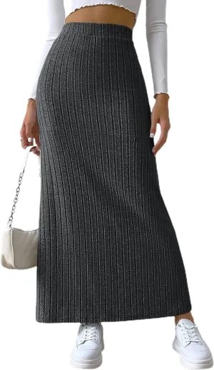 High Waisted Maxi Skirt Solid Color Long Women's High-waisted Knitted Slimming Commuting Style with Side Slit Elastic
