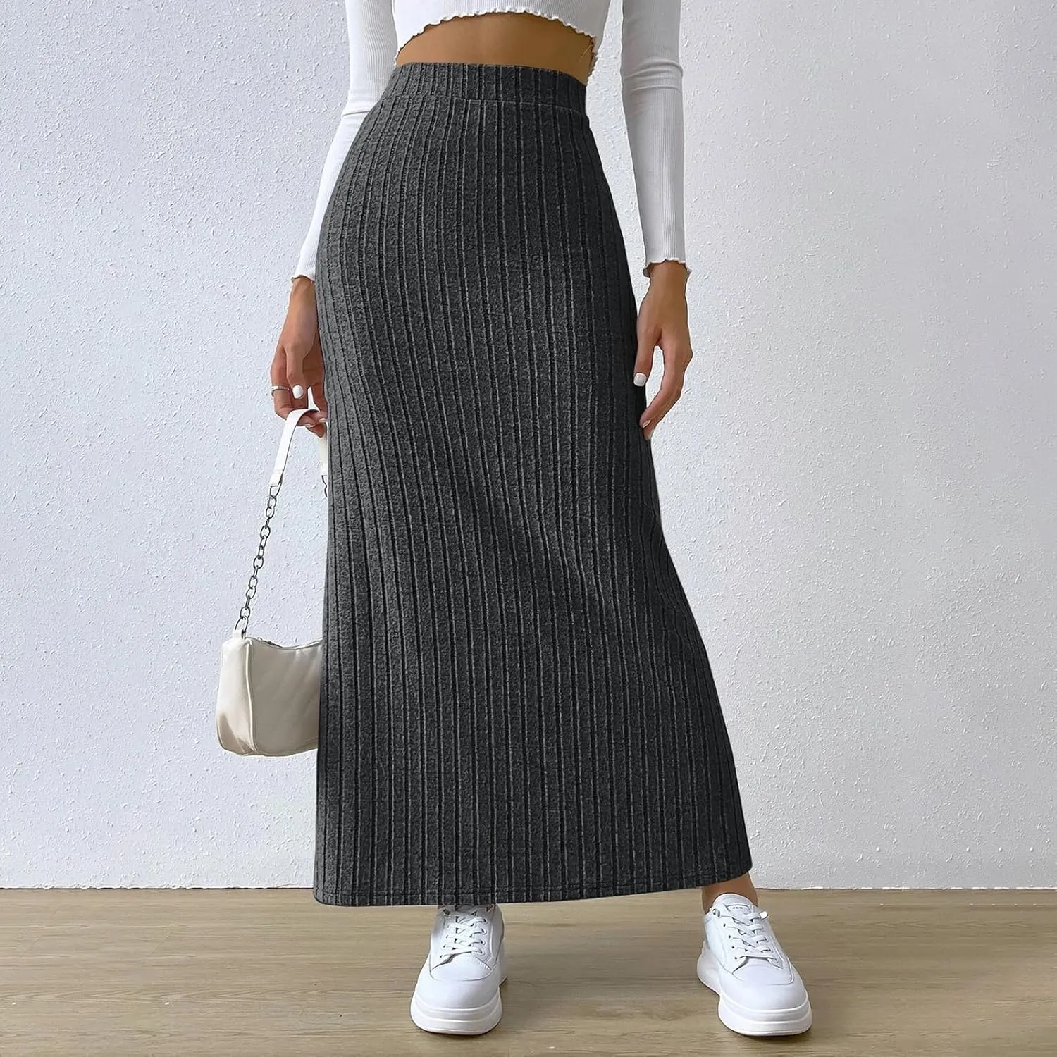 High Waisted Maxi Skirt Solid Color Long Women's High-waisted Knitted Slimming Commuting Style with Side Slit Elastic