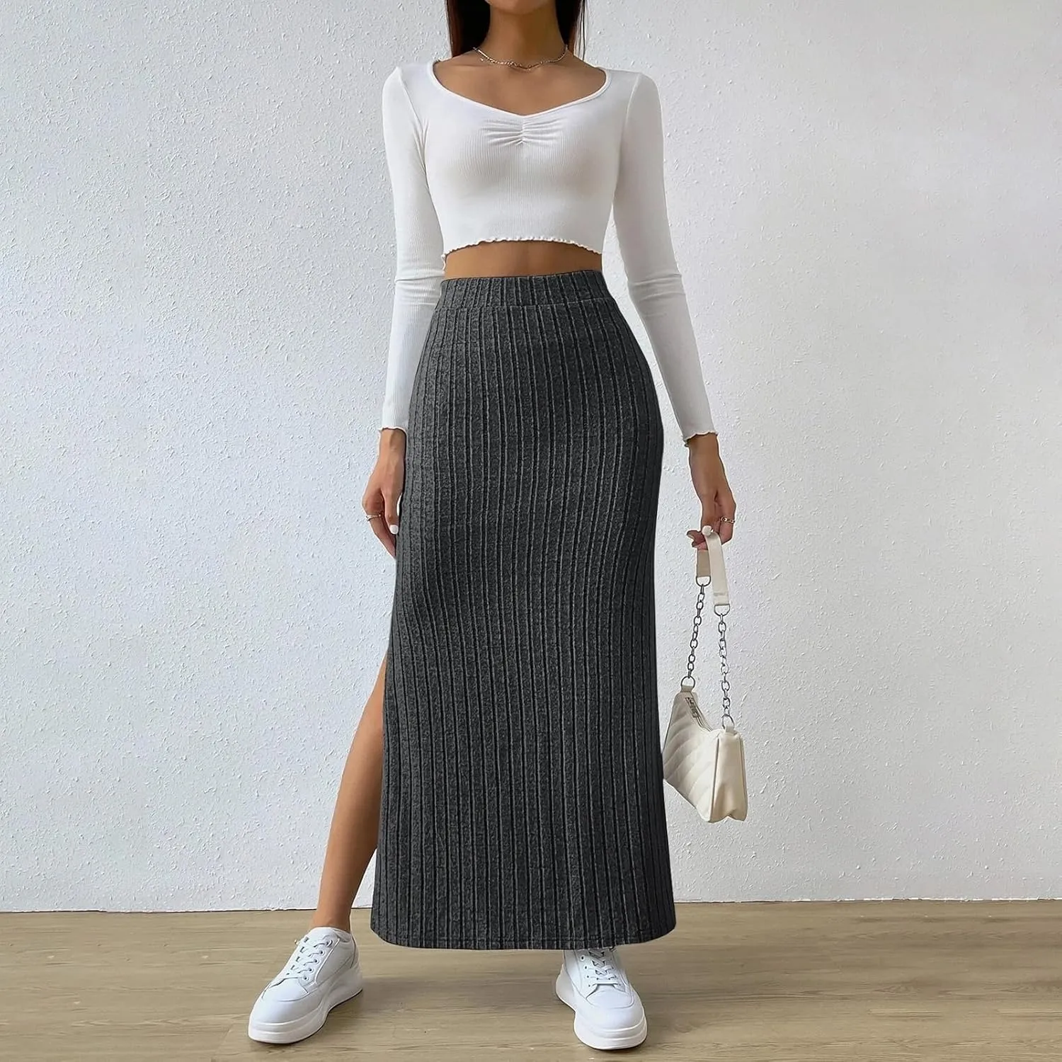 High Waisted Maxi Skirt Solid Color Long Women's High-waisted Knitted Slimming Commuting Style with Side Slit Elastic