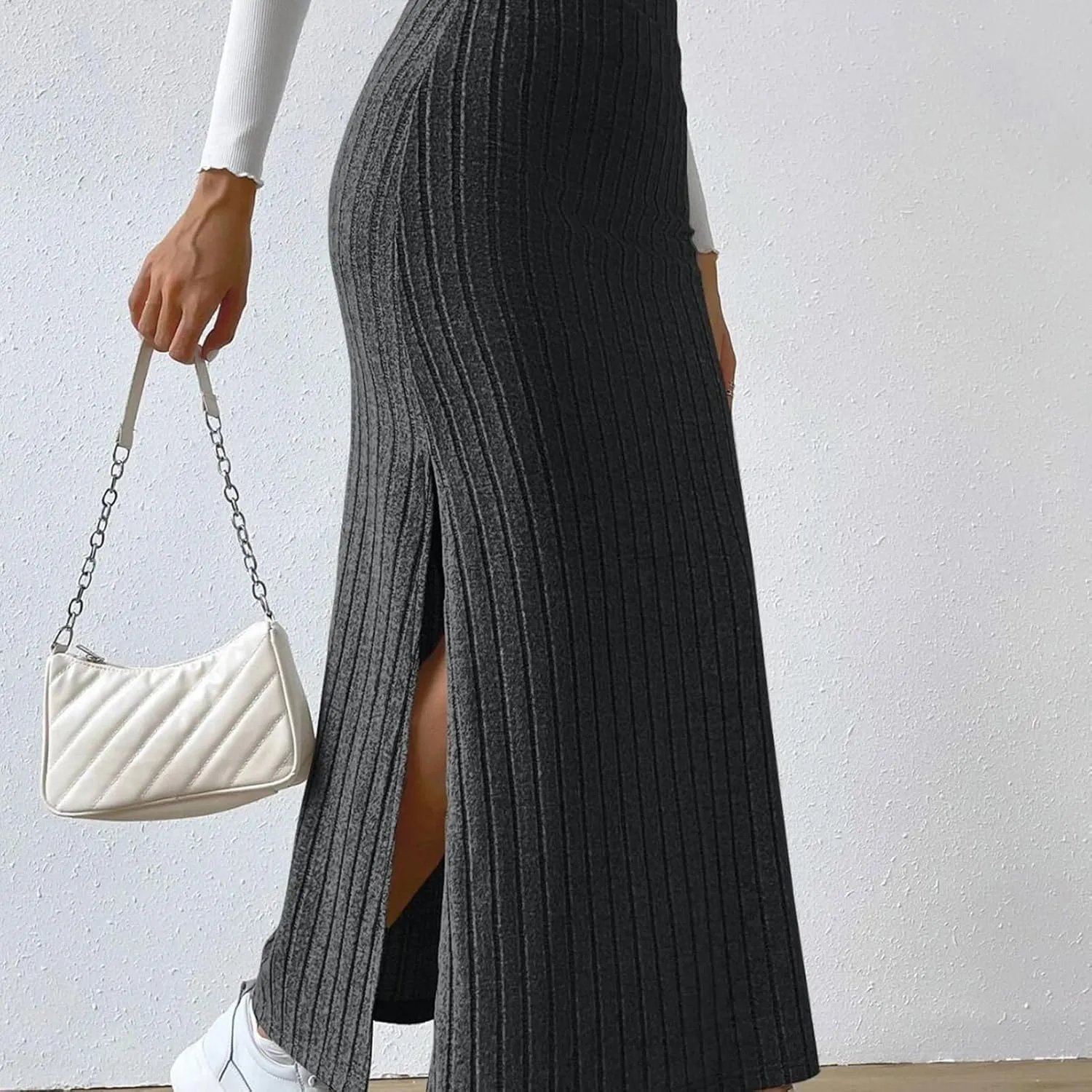 High Waisted Maxi Skirt Solid Color Long Women's High-waisted Knitted Slimming Commuting Style with Side Slit Elastic