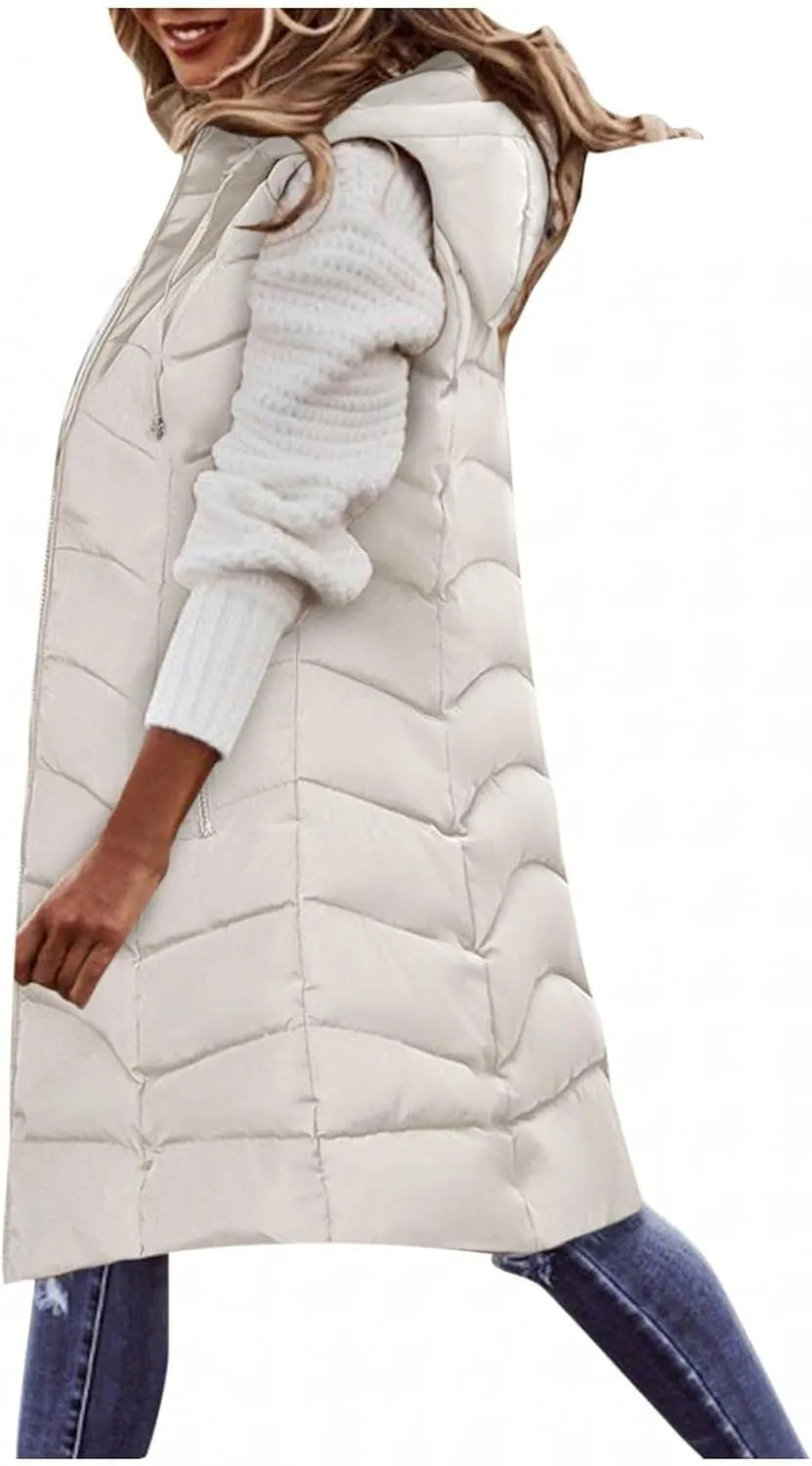 hlysgo Womens Winter Puffer Vest with Hood Sleeveless Hooded Full Zipper Thicken Long Jacket Slim Warm Padded Coats