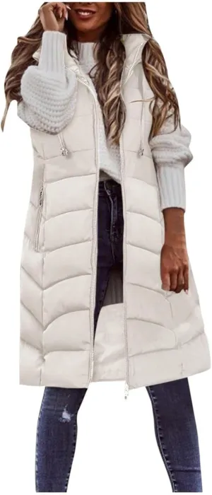 hlysgo Womens Winter Puffer Vest with Hood Sleeveless Hooded Full Zipper Thicken Long Jacket Slim Warm Padded Coats