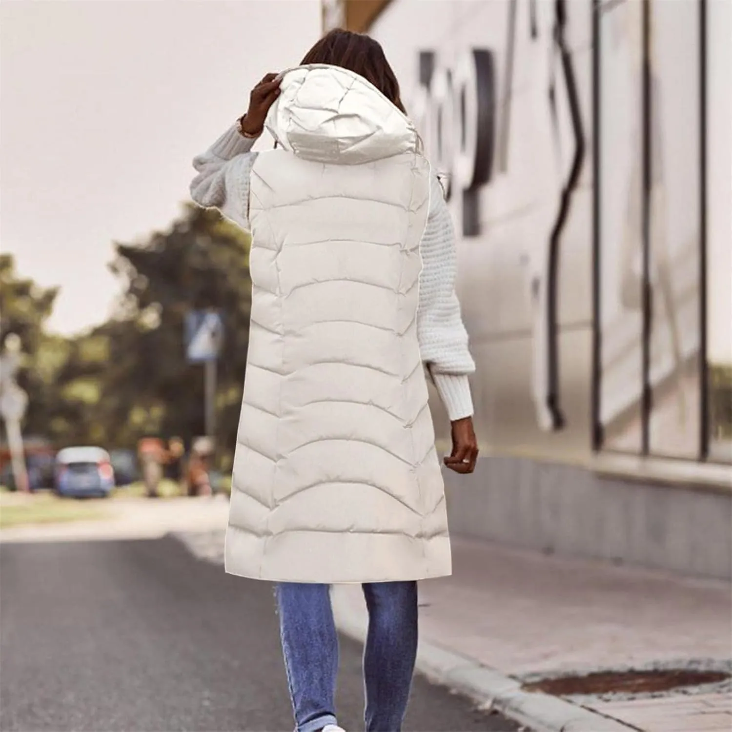hlysgo Womens Winter Puffer Vest with Hood Sleeveless Hooded Full Zipper Thicken Long Jacket Slim Warm Padded Coats