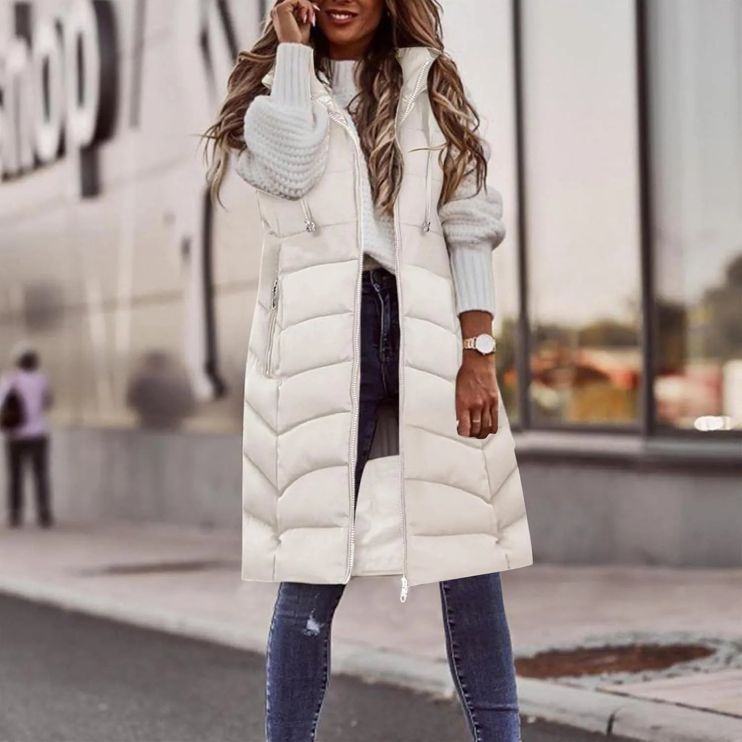 hlysgo Womens Winter Puffer Vest with Hood Sleeveless Hooded Full Zipper Thicken Long Jacket Slim Warm Padded Coats