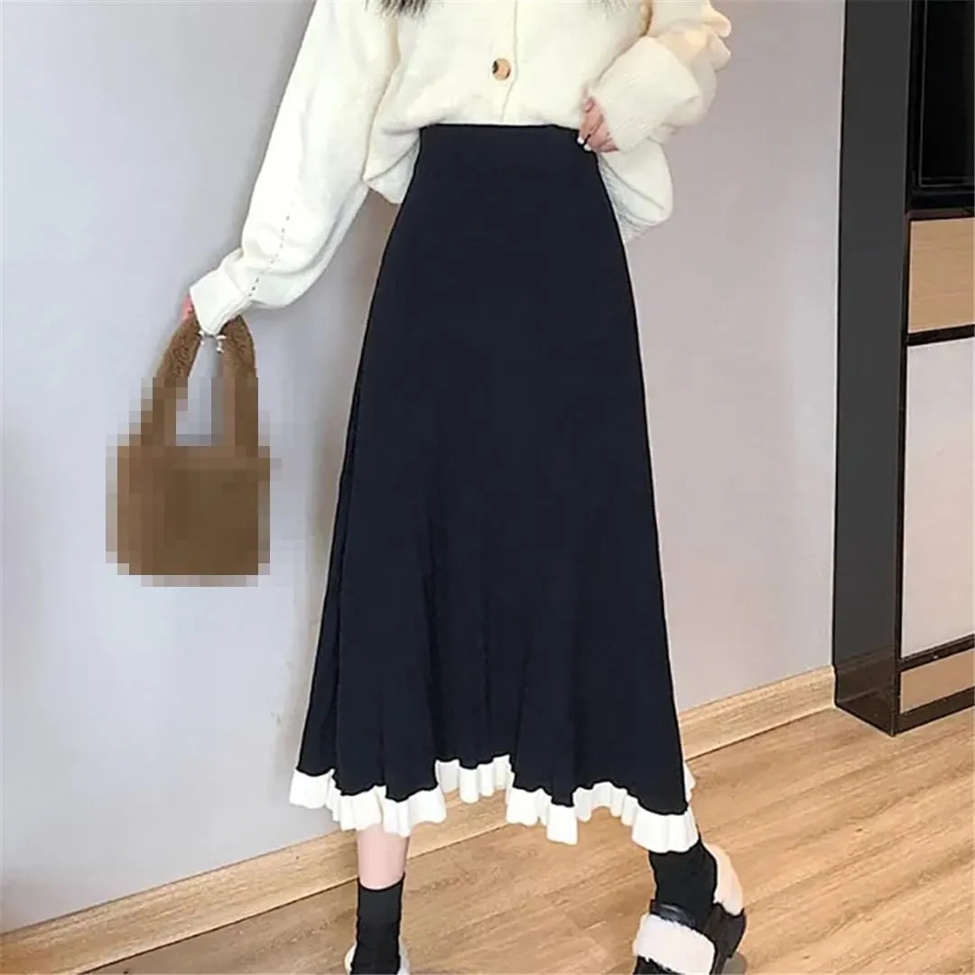 Hndudnff Women Wool Blended Midi Skirt Elastic High Waist Casual Loose Pleated Long Skirts