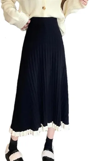 Hndudnff Women Wool Blended Midi Skirt Elastic High Waist Casual Loose Pleated Long Skirts
