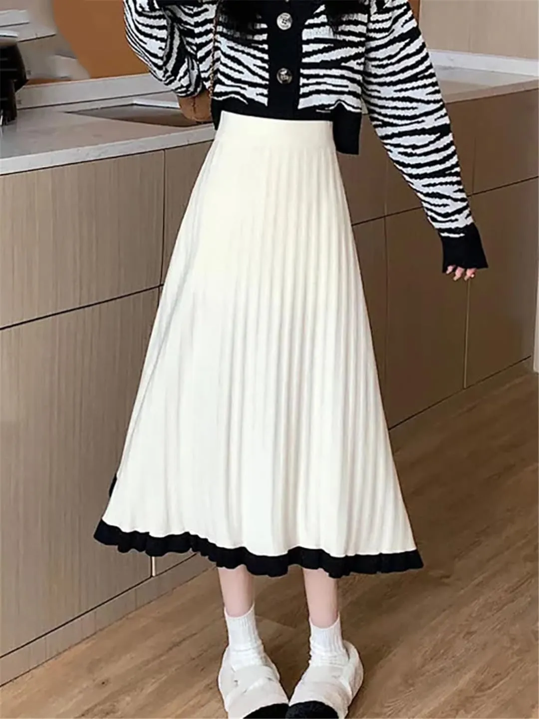 Hndudnff Women Wool Blended Midi Skirt Elastic High Waist Casual Loose Pleated Long Skirts