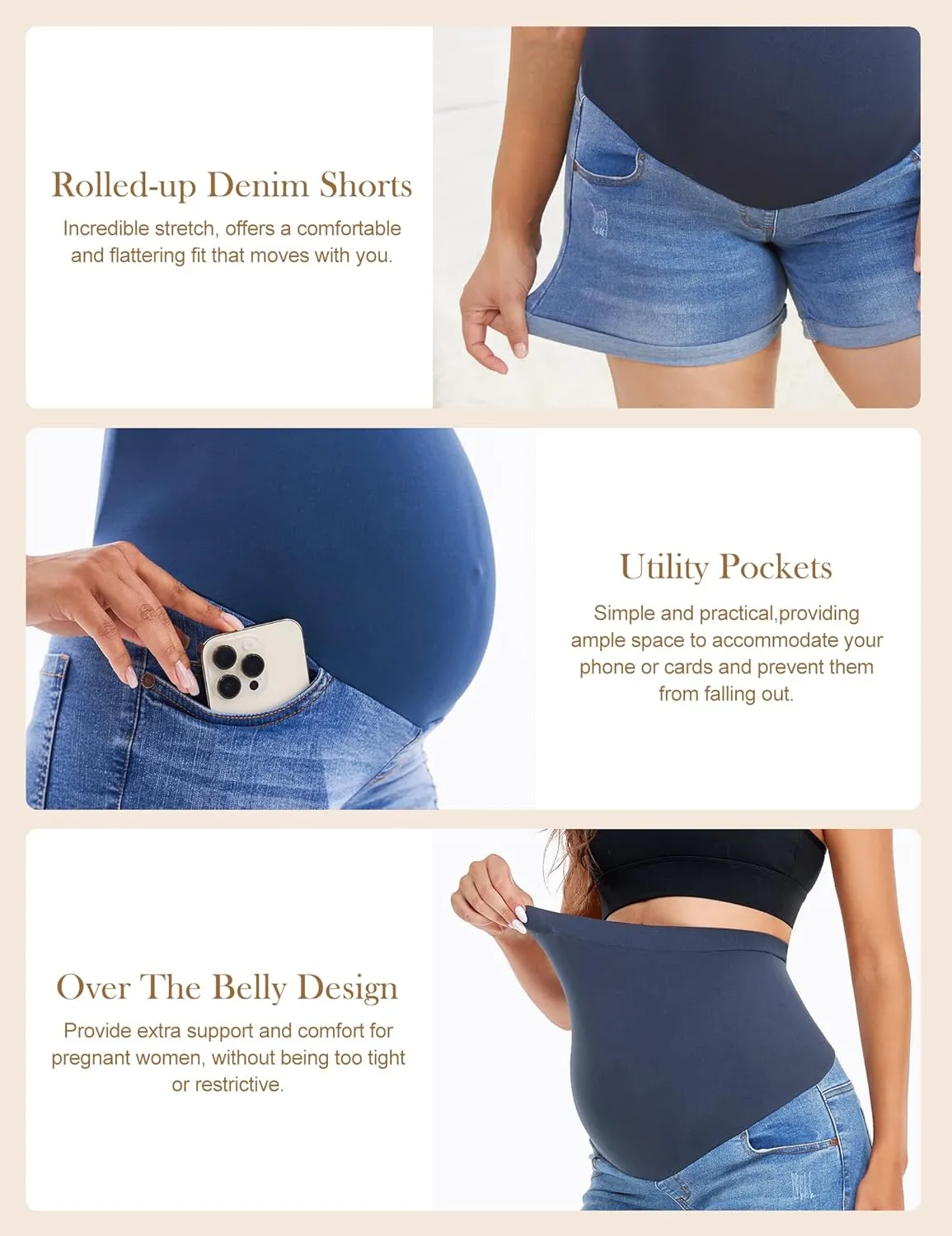 HOFISH Women's Maternity Denim Shorts Over The Belly Stretchy Comfy Jean Shorts Pants Casual Workout Pregnancy Shorts