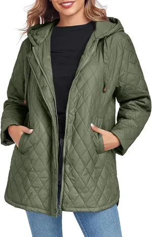 HOTIAN Quilted Jacket for Women Long Puffer Coat Lightweight Hooded Winter Padded Down Jacket Outerwear Coats(ArmyGreen-L)