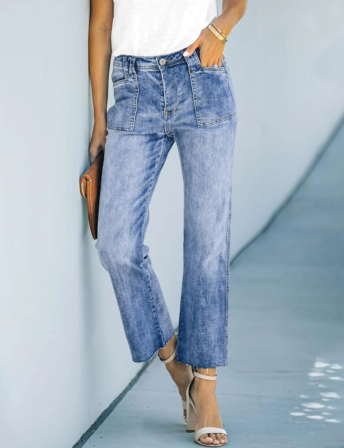 HUNGSON Women's Wide Leg Jeans High Waisted Stretchy Capri Pants Loose Denim Pants
