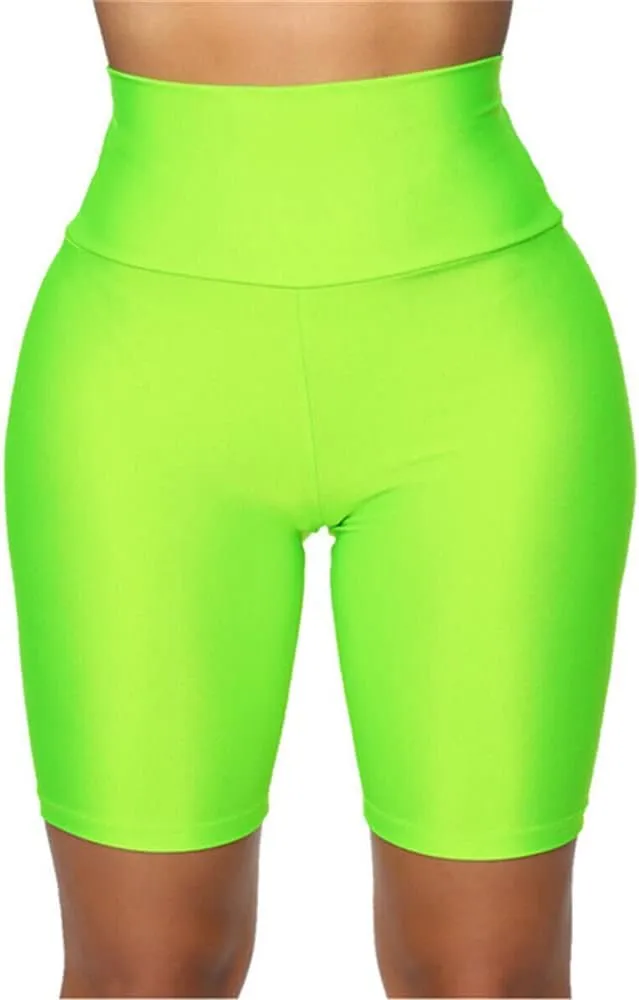 Hupplle Women's Neon Shiny Biker Shorts High Waisted Stretchy Athletic Cycling Shorts Workout Running Active Shorts