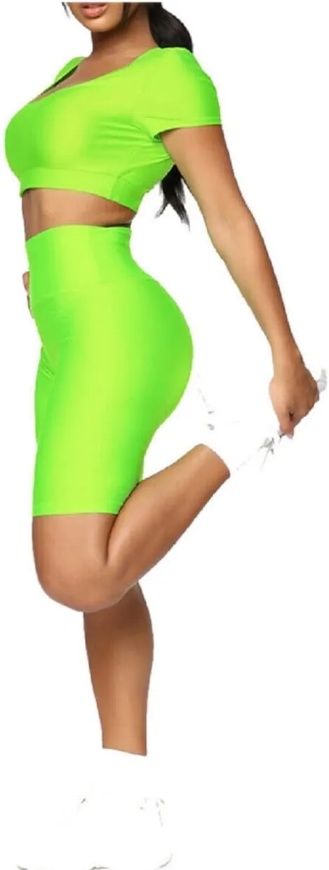 Hupplle Women's Neon Shiny Biker Shorts High Waisted Stretchy Athletic Cycling Shorts Workout Running Active Shorts