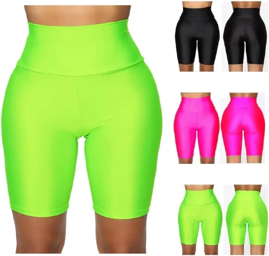 Hupplle Women's Neon Shiny Biker Shorts High Waisted Stretchy Athletic Cycling Shorts Workout Running Active Shorts