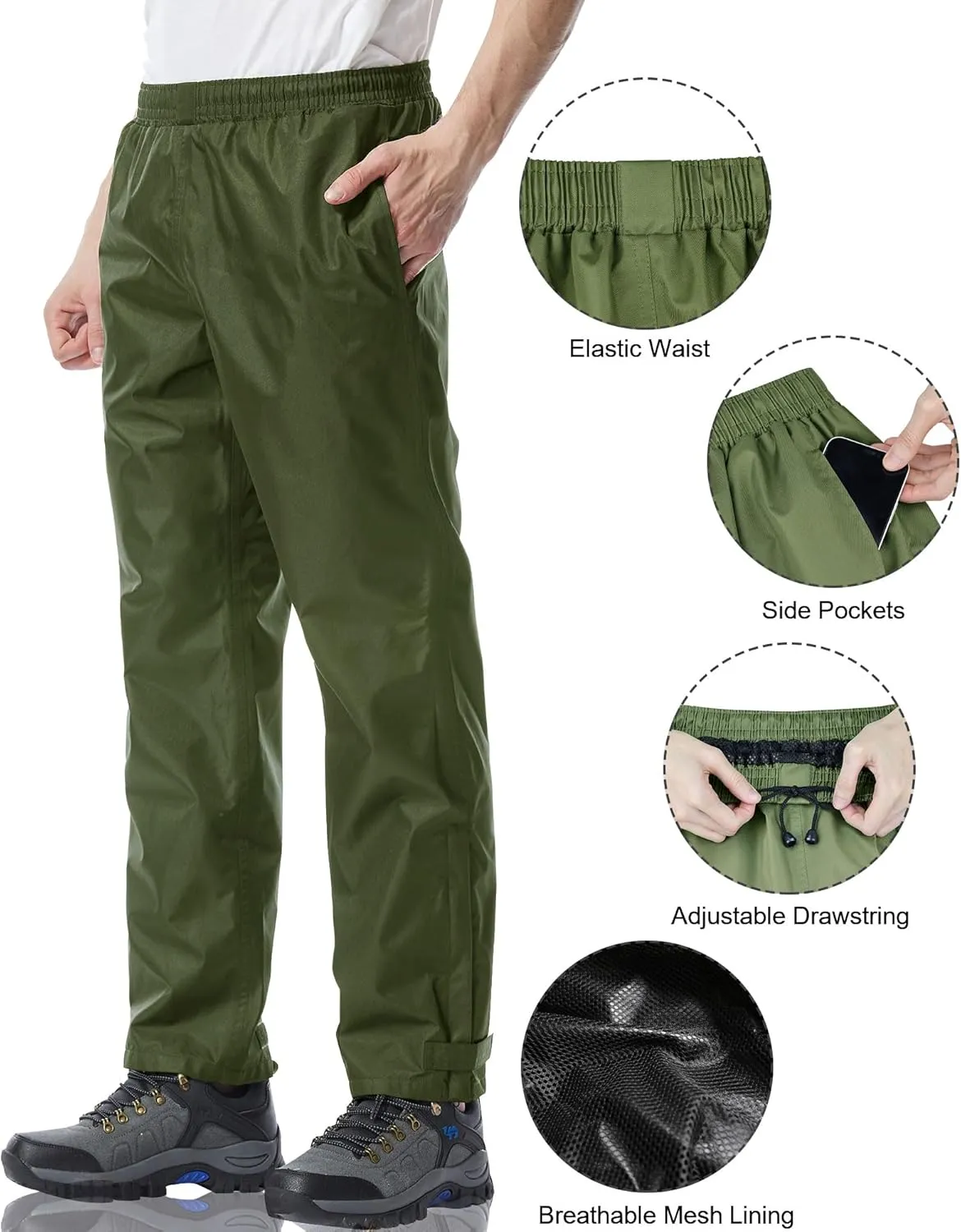 iCreek Men's Rain Pants Waterproof Over Pants Windproof Lightweight Hiking Pants Work Rain Outdoor for Golf, Fishing