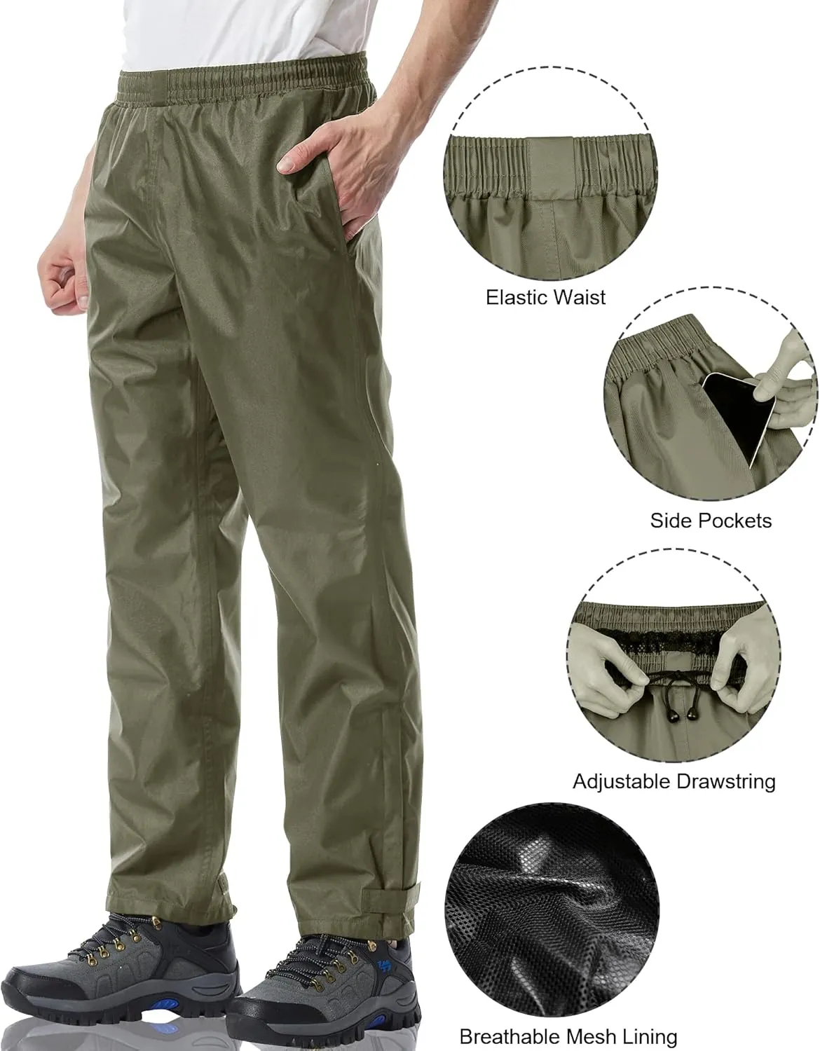 iCreek Men's Rain Pants Waterproof Over Pants Windproof Lightweight Hiking Pants Work Rain Outdoor for Golf, Fishing