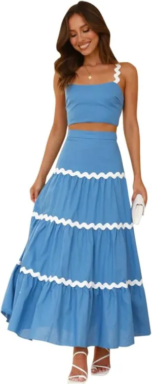 IDOPIP Women Boho Summer Camisole Top with Tiered Flowy Maxi Skirt Casual Contrast Rickrack Trim Spaghetti Straps 2PCS Outfit