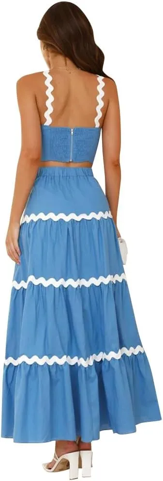 IDOPIP Women Boho Summer Camisole Top with Tiered Flowy Maxi Skirt Casual Contrast Rickrack Trim Spaghetti Straps 2PCS Outfit
