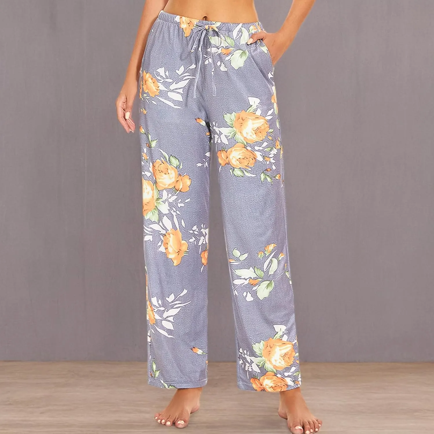 iniber Comfy Pajama Pants for Women Stretch Drawstring Lounge Pants with Pockets Casual Wide Leg Pjs Bottoms