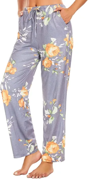 iniber Comfy Pajama Pants for Women Stretch Drawstring Lounge Pants with Pockets Casual Wide Leg Pjs Bottoms