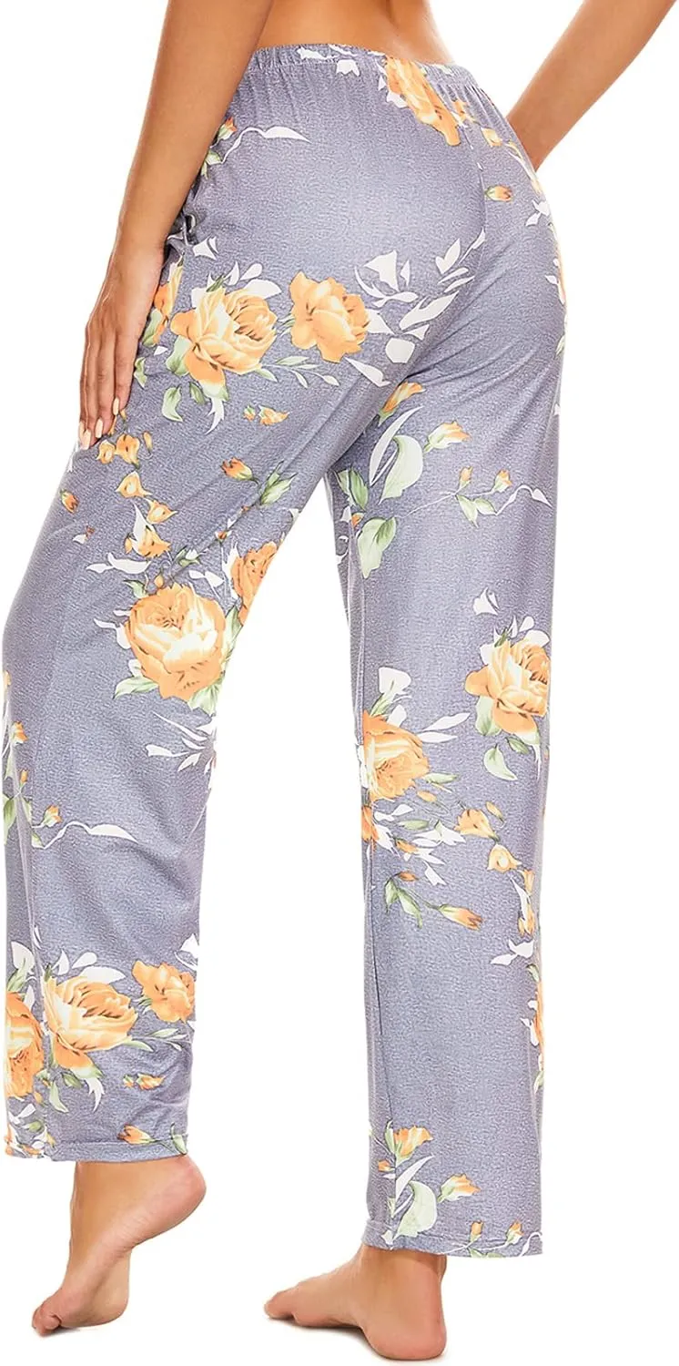 iniber Comfy Pajama Pants for Women Stretch Drawstring Lounge Pants with Pockets Casual Wide Leg Pjs Bottoms
