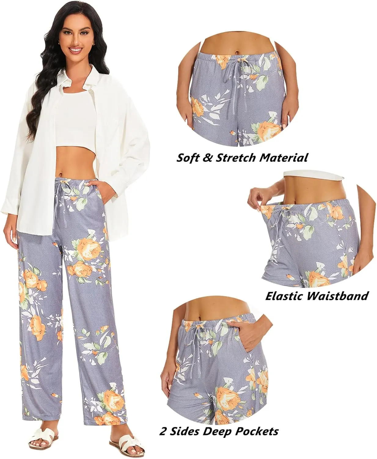 iniber Comfy Pajama Pants for Women Stretch Drawstring Lounge Pants with Pockets Casual Wide Leg Pjs Bottoms