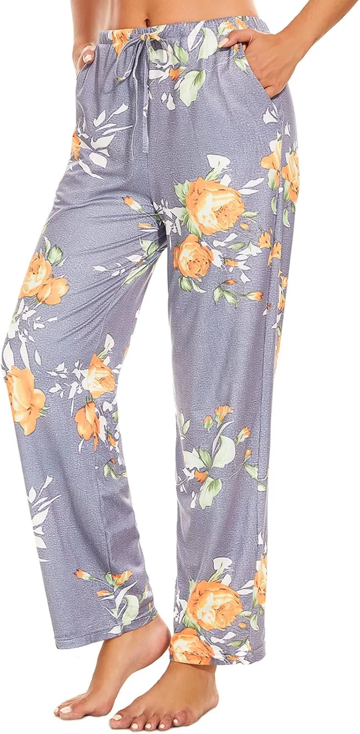 iniber Comfy Pajama Pants for Women Stretch Drawstring Lounge Pants with Pockets Casual Wide Leg Pjs Bottoms