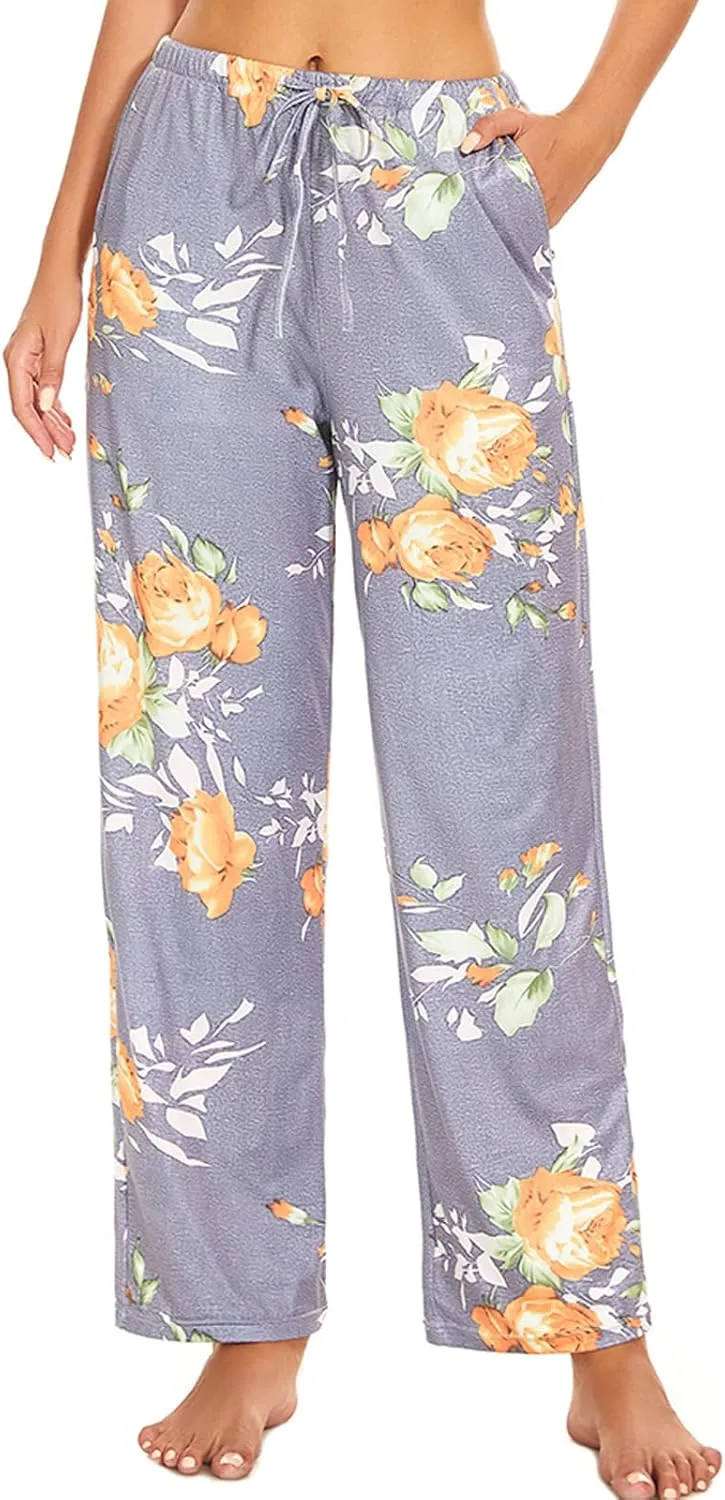 iniber Comfy Pajama Pants for Women Stretch Drawstring Lounge Pants with Pockets Casual Wide Leg Pjs Bottoms