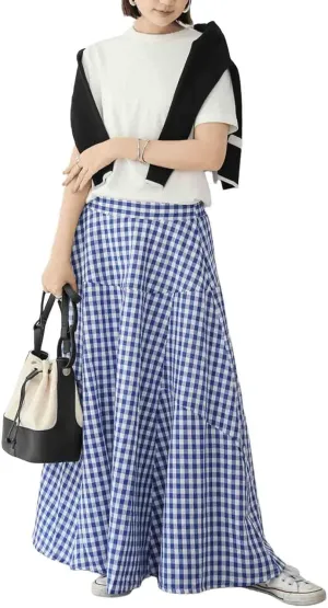Japanese Loose Plaid Skirt with Patchwork Large Swing Half Length Women's Skirt Harajuku Casual Long Skirt