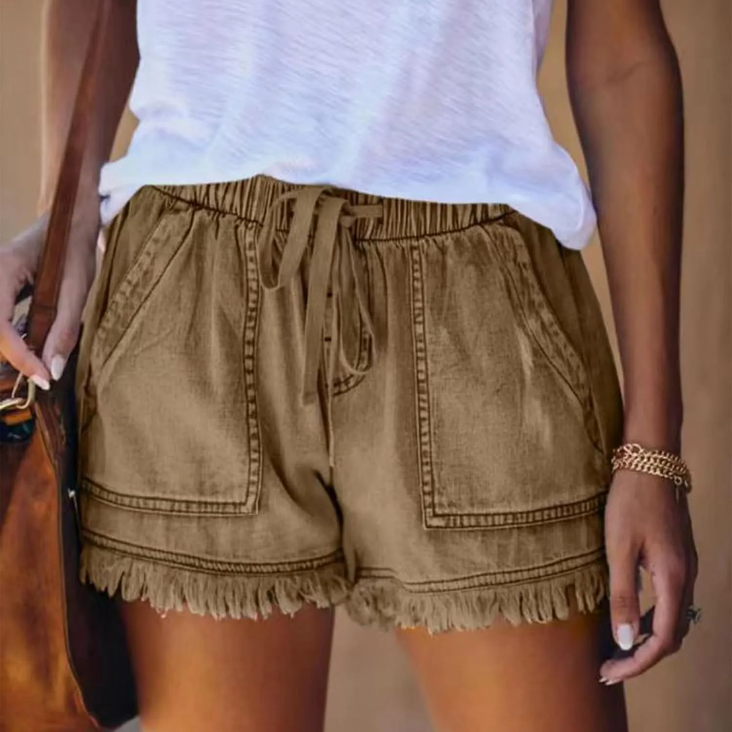 Jean Shorts Womens High Waisted Drawstring Jeans Raw Hem Pull On Denim Shorts with Pockets Summer Casual Shorts Jean