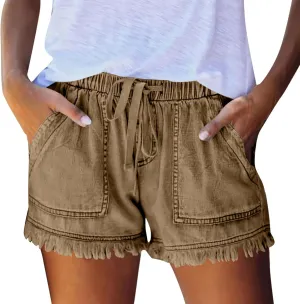 Jean Shorts Womens High Waisted Drawstring Jeans Raw Hem Pull On Denim Shorts with Pockets Summer Casual Shorts Jean