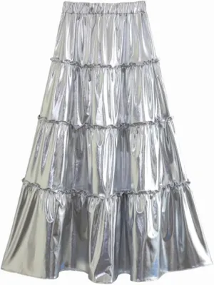JITEM Women Metallic Midi Skirt Sparkly Elastic High Waist Ruffle Flare Long Skirt Party Club Swing Flowy Pleated Skirt