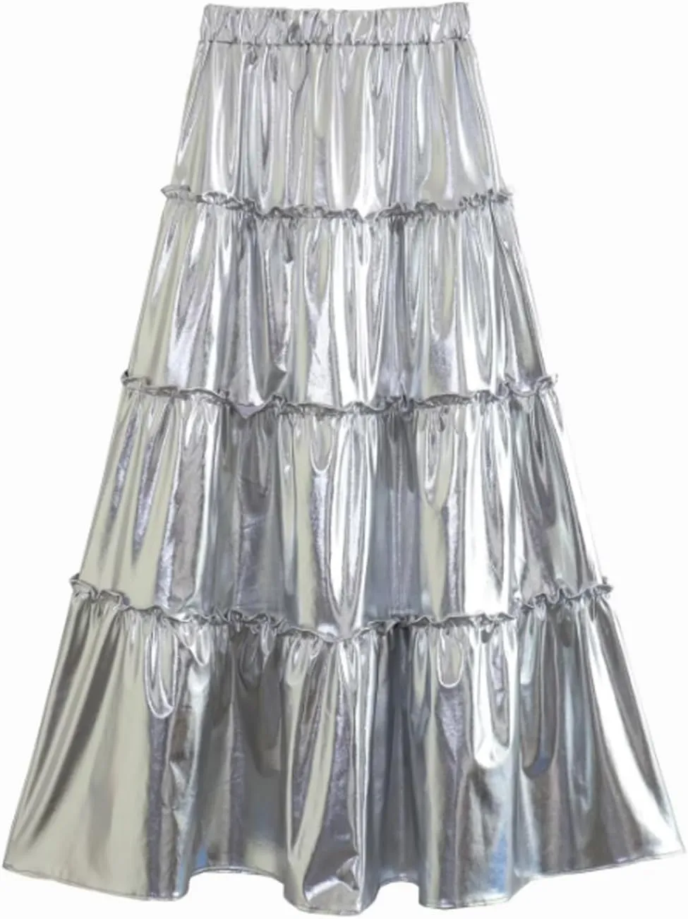 JITEM Women Metallic Midi Skirt Sparkly Elastic High Waist Ruffle Flare Long Skirt Party Club Swing Flowy Pleated Skirt