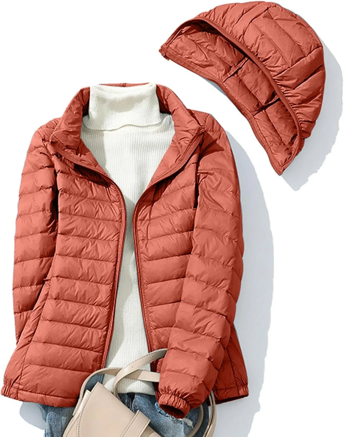 JOAU Women's Warm Quilted Puffer Coat Packable Ultra Lightweight Short Duck Down Jackets Outerwear with Removable Hood
