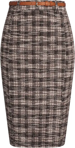 Kate Kasin Women's Tweed Pencil Skirt Knee Length High Waisted Skirts with Slit Elegant Skirts with Belt