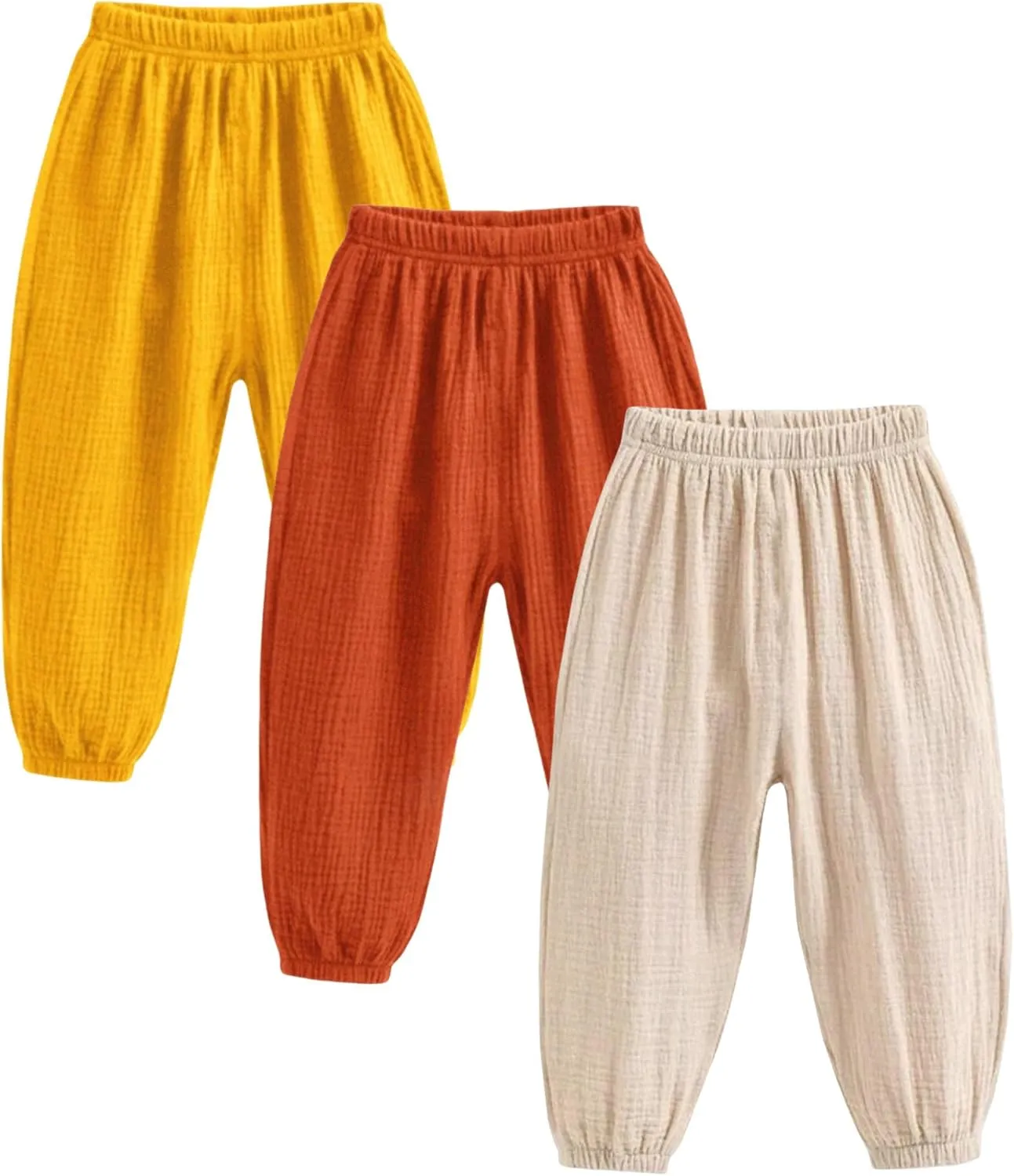 Kids Baby Boys Girls 3 Pack Cotton Linen Pants Casual Soft Elastic Long Bloomers Ankle Length Harem Pants Trousers