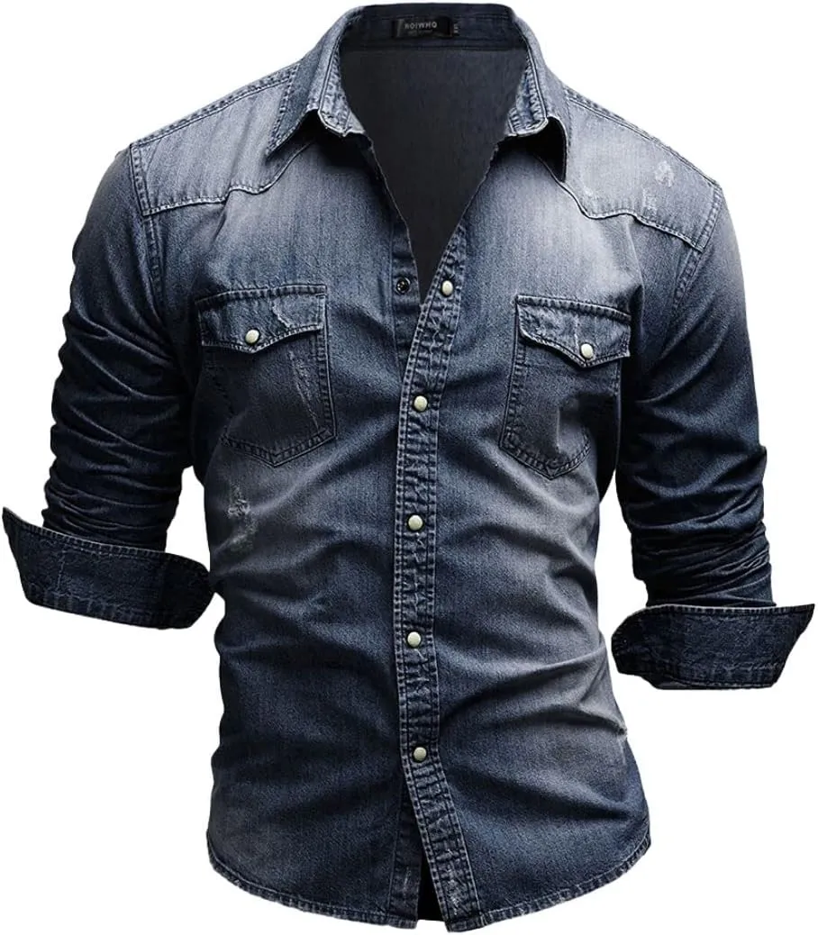 Kinkia Men's Long Sleeve Denim Shirt Casual Snap Button Down Slim Fit Ripped Shirt Jacket