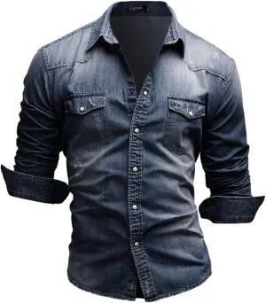 Kinkia Men's Long Sleeve Denim Shirt Casual Snap Button Down Slim Fit Ripped Shirt Jacket